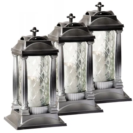 Zestaw 3 srebrnych znicz premium szklany na cmentarz grób z filarami ażur