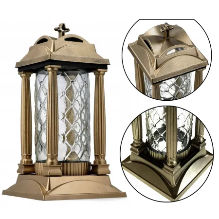 Elegancki złoty znicz premium szklany na cmentarz grób z filarami ażur