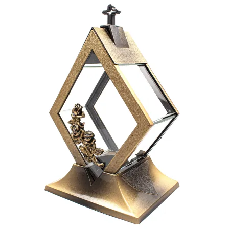 Znicz szklany Kapliczka Rąb złoty z krzyżem i ozdobnymi złotymi detalami