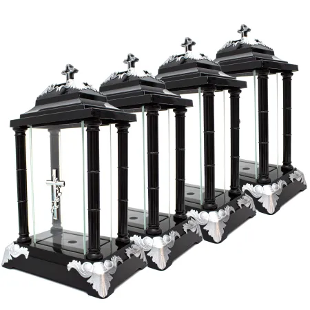 Zestaw 4 zniczy latarnia czarny z krzyżem i ozdobnymi srebrnymi detalami
