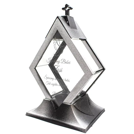 Personalizowany Znicz szklany latarnia czarny z krzyżem i srebrnymi detalami