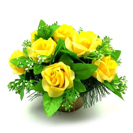 Stroik wiązanka  na cmentarz grób kompozycja zółtych róż kwiatów sztucznych