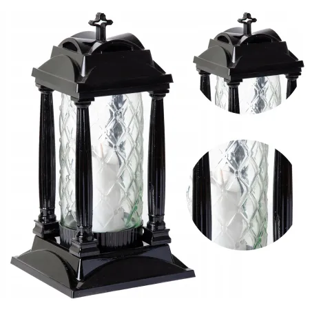 Elegancki czarny znicz premium szklany na cmentarz grób z filarami ażur