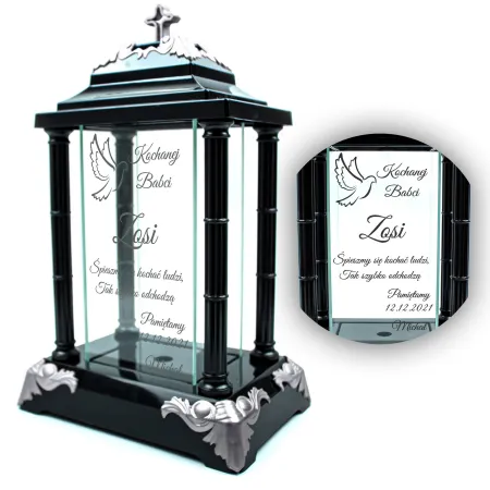 Personalizowany Znicz szklany latarnia czarny z krzyżem i srebrnymi detalami