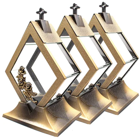 Zestaw 3 Zniczy szklany Kapliczka Rąb złoty z krzyżem i złotymi detalami