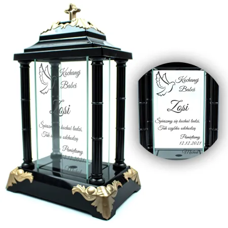 Personalizowany Znicz szklany latarnia czarny z krzyżem i złotymi detalami