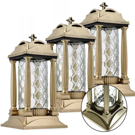 Zestaw 3 eleganckich złotych znicz szklany na cmentarz grób z filarami ażur