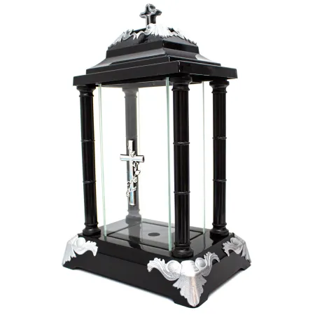 Znicz szklany latarnia czarny z krzyżem i ozdobnymi srebrnymi detalami