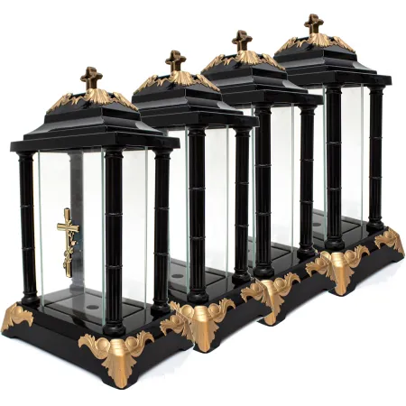 Zestaw 4 zniczy latarnia czarny z krzyżem i ozdobnymi złotymi detalami