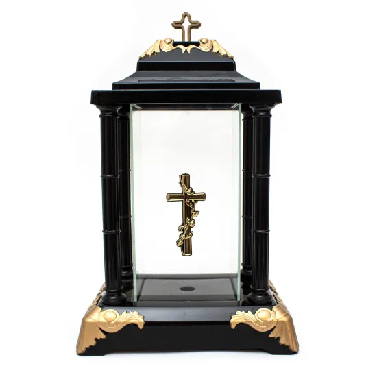 Zestaw 4 zniczy latarnia czarny z krzyżem i ozdobnymi złotymi detalami