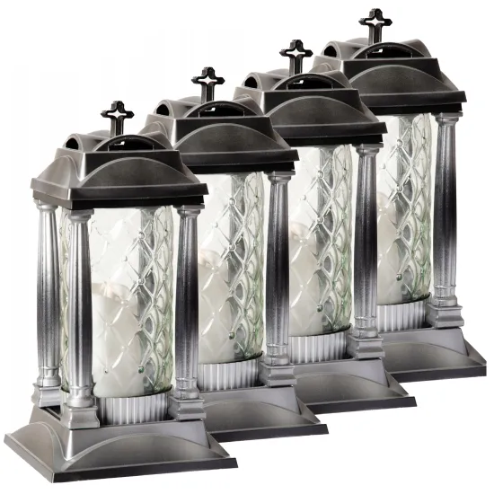 Zestaw 4 srebrnych znicz premium szklany na cmentarz grób z filarami ażur