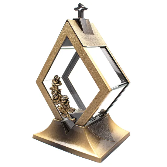 Znicz szklany Kapliczka Rąb złoty z krzyżem i ozdobnymi złotymi detalami