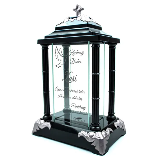 Personalizowany Znicz szklany latarnia czarny z krzyżem i srebrnymi detalami