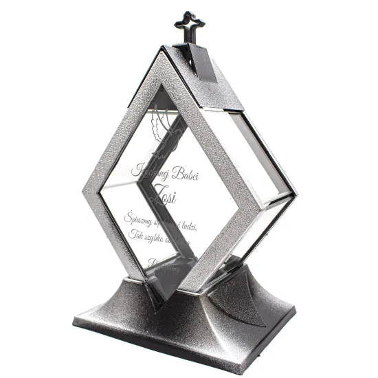 Personalizowany Znicz szklany latarnia czarny z krzyżem i srebrnymi detalami