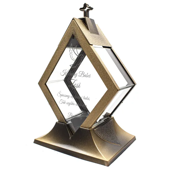 Personalizowany Znicz szklany latarnia czarny z krzyżem i złotymi detalami