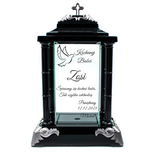 Personalizowany Znicz szklany latarnia czarny z krzyżem i srebrnymi detalami