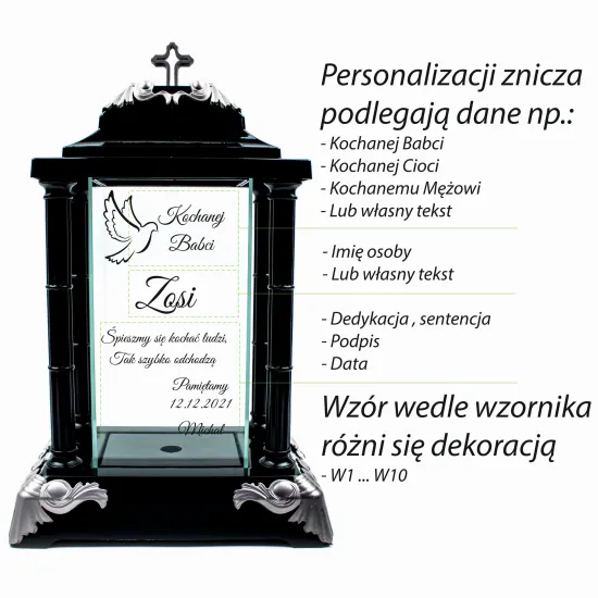 Personalizowany Znicz szklany latarnia czarny z krzyżem i srebrnymi detalami