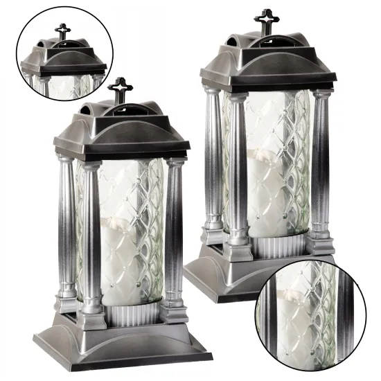 Zestaw 4 srebrnych znicz premium szklany na cmentarz grób z filarami ażur