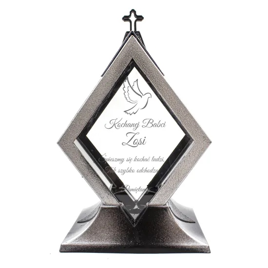 Personalizowany Znicz szklany latarnia czarny z krzyżem i srebrnymi detalami