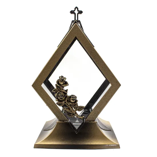 Znicz szklany Kapliczka Rąb złoty z krzyżem i ozdobnymi złotymi detalami