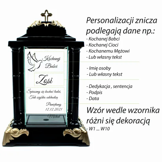 Personalizowany Znicz szklany latarnia czarny z krzyżem i złotymi detalami