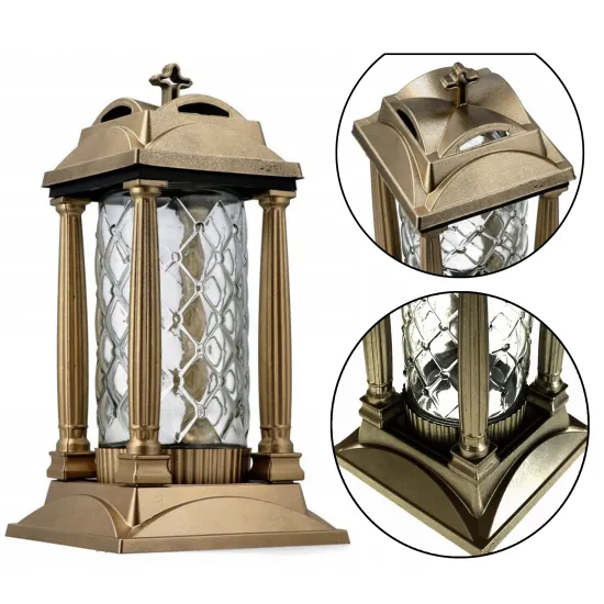 Zestaw 2 eleganckich złotych znicz szklany na cmentarz grób z filarami ażur